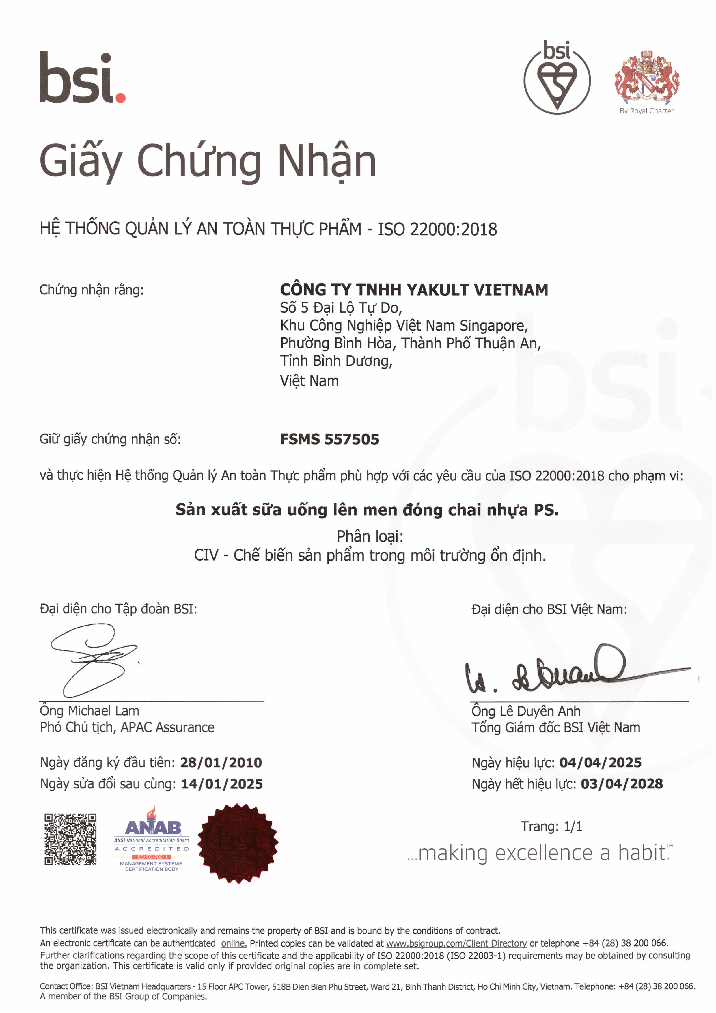 Chứng nhận của công ty Yakult - Thực Phẩm Chay Phương Thịnh - Công Ty TNHH Thực Phẩm và Dịch Vụ Ăn Uống Phương Thịnh